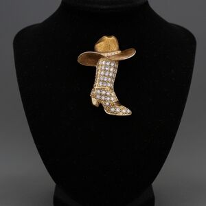 Vintage Rhinestone Cowboy Boot Brooch Gold-Tone Western Statement